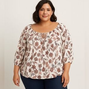 In Every Story White Paisley Floral Print Top with Drawstring Tie Neckline 0X